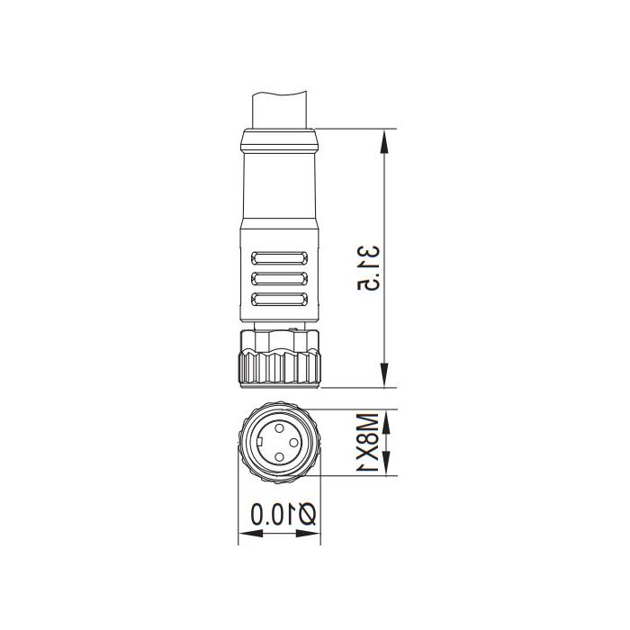 M8 3Pin、母头直型、单端预铸PUR柔性电缆、黑色护套、63S021-XXX