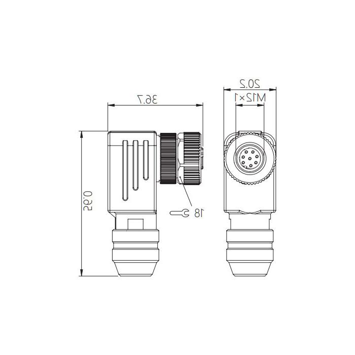 M12 8 Pin、Female 90°、Screw connection、Metal shielding、64F641 